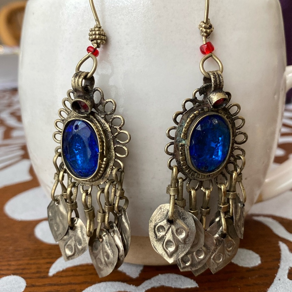 Moroccan Blue & Gold Chandelier Earrings - Picture 5 of 6